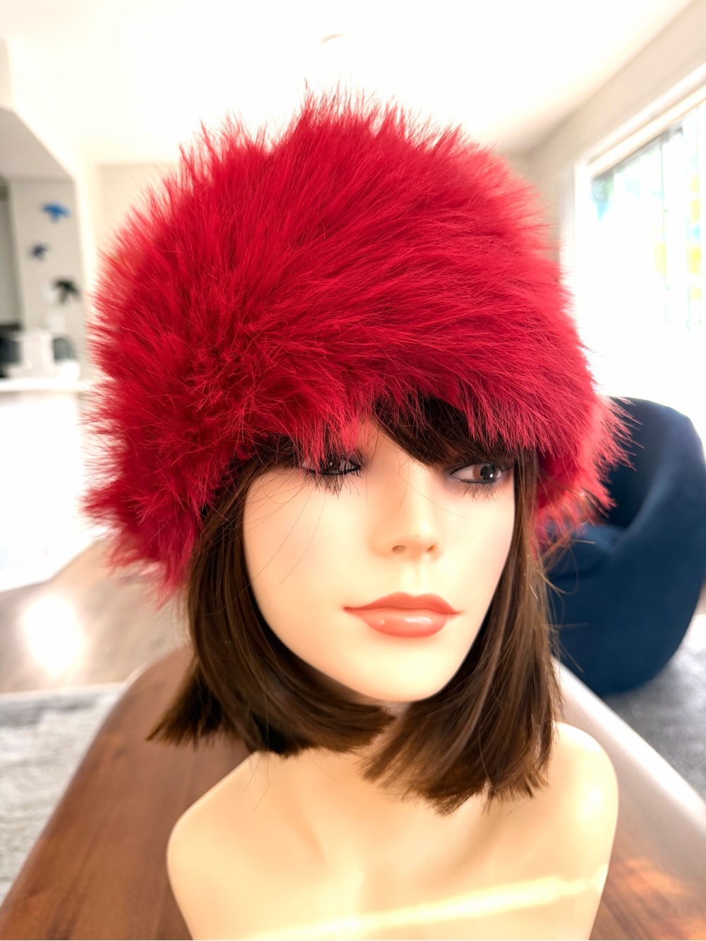 Red Faux Fur Statement Hat Vintage Inspired Quilted Lined Winter Glam